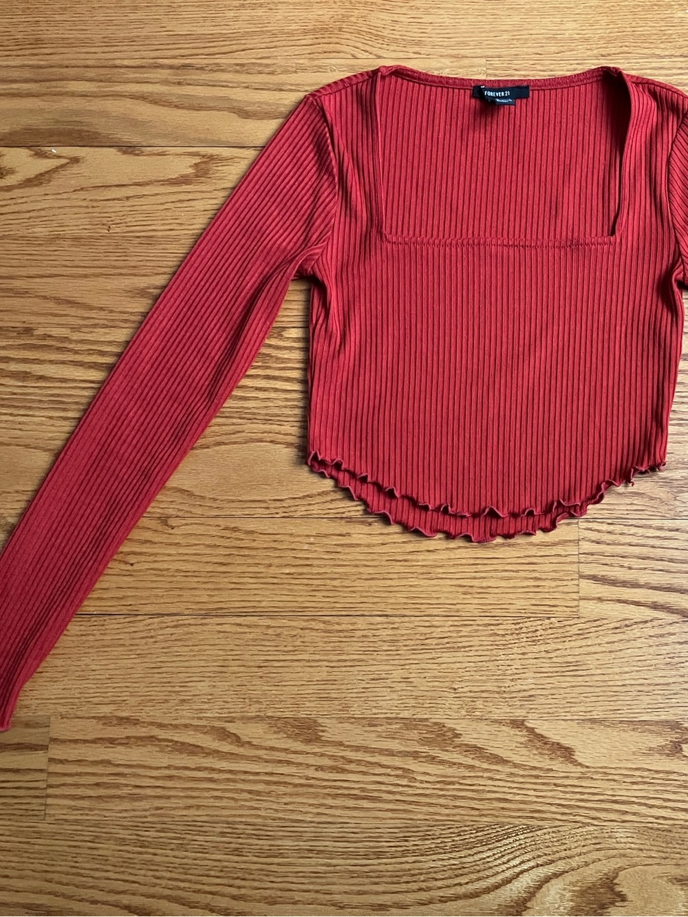 Forever 21 Red Ribbed Square-Neck Long Sleeve Crop Top with Lettuce Hem